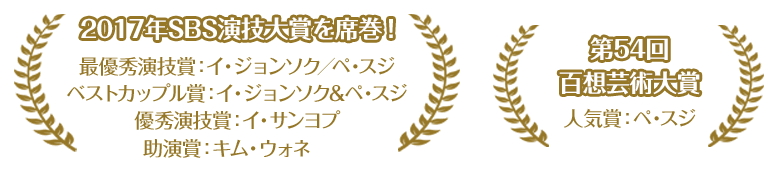 2017年SBS演技大賞(最優秀演技賞、ベストカップル賞、優秀演技賞、助演賞) ／ 第54回百想芸術大賞(人気賞)