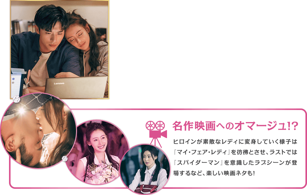 ミニコラムとして紹介 名作映画へのオマージュ！？ヒロインが素敵なレディに変身していく様子は『マイ・フェア・レディ』を彷彿とさせ、ラストでは『スパイダーマン』を意識したラブシーンが登場するなど、楽しい映画ネタも！