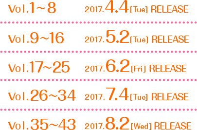 Vol.1～8　  2017.4.4［Tue］RELEASE　Vol.9～16　 2017.5.2［Tue］RELEASE　Vol.17～25　2017.6.2［Fri］RELEASE　Vol.26～34　2017.7.4［Tue］RELEASE　Vol.35～43　2017.8.2［Wed］RELEASE