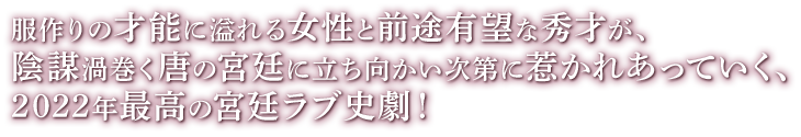 服作りの才能に溢れる女性と前途有望な秀才が、陰謀渦巻く唐の宮廷に立ち向かい次第に惹かれあっていく、2022年最高の宮廷ラブ史劇！