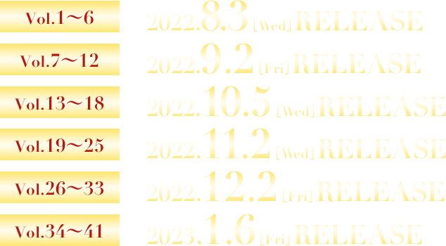 Vol.1～6　2022.8.3［Wed］RELEASE  Vol.7～12　2022.9.2［Fri］RELEASE  Vol.13～18　2022.10.5［Wed］RELEASE  Vol.19～25　2022.11.2［Wed］RELEASE  Vol.26～33　2022.12.2［Fri］RELEASE  Vol.34～41　2023.1.6［Fri］RELEASE