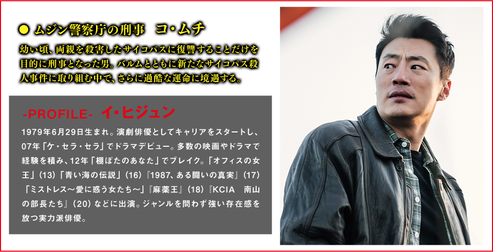 ムジン警察庁の刑事　コ・ムチ（役） 幼い頃、両親を殺害したサイコパスに復讐することだけを目的に刑事となった男。バルムとともに新たなサイコパス殺人事件に取り組む中で、さらに過酷な運命に境遇する。  ＜Cast　イ・ヒジュン＞-PROFILE- 1979年6月29日生まれ。演劇俳優としてキャリアをスタートし、07年「ケ・セラ・セラ」でドラマデビュー。多数の映画やドラマで経験を積み、12年「棚ぼたのあなた」でブレイク。「オフィスの女王」（13）「青い海の伝説」（16）『1987、ある闘いの真実』（17）「ミストレス～愛に惑う女たち～」『麻薬王』（18）『KCIA 南山の部長たち』（20）などに出演。ジャンルを問わず強い存在感を放つ実力派俳優。