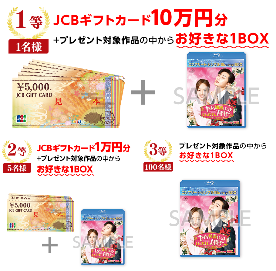 ●1等　商品券10万円分＋プレゼント対象作品（全40タイトル）の中からお好きな1BOXをプレゼント・・・1名様/2等　商品券1万円分＋プレゼント対象作品（全40タイトル）の中からお好きな1BOXをプレゼント・・・5名様/●3等　プレゼント対象作品（全40タイトル）の中からお好きな1BOXをプレゼント・・・100名様