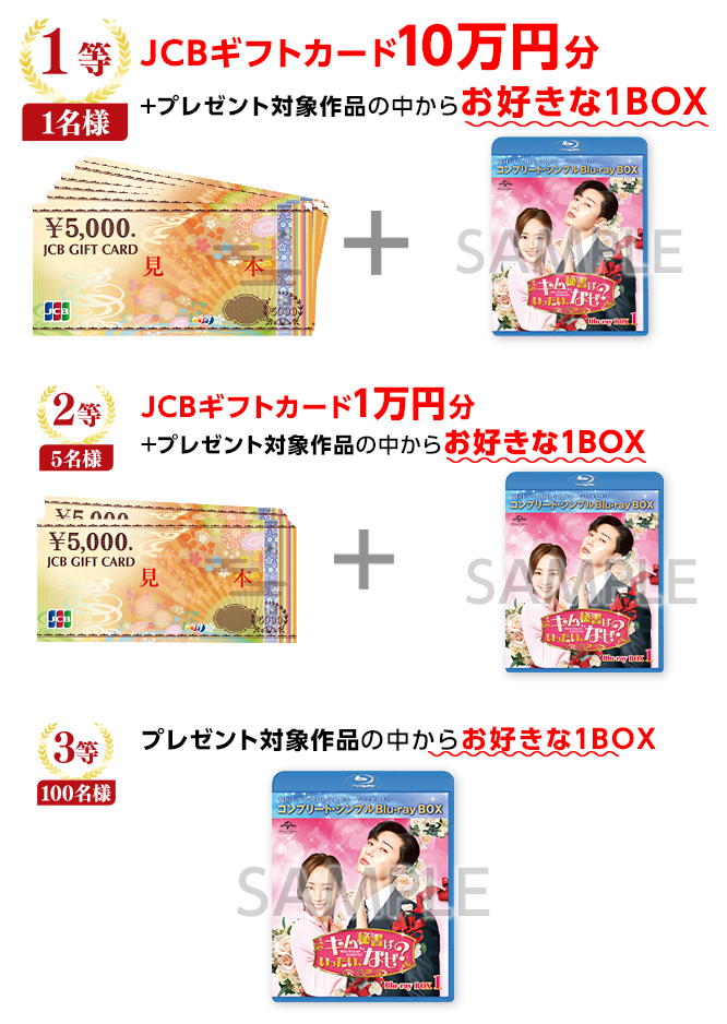 ●1等　商品券10万円分＋プレゼント対象作品（全40タイトル）の中からお好きな1BOXをプレゼント・・・1名様/2等　商品券1万円分＋プレゼント対象作品（全40タイトル）の中からお好きな1BOXをプレゼント・・・5名様/●3等　プレゼント対象作品（全40タイトル）の中からお好きな1BOXをプレゼント・・・100名様